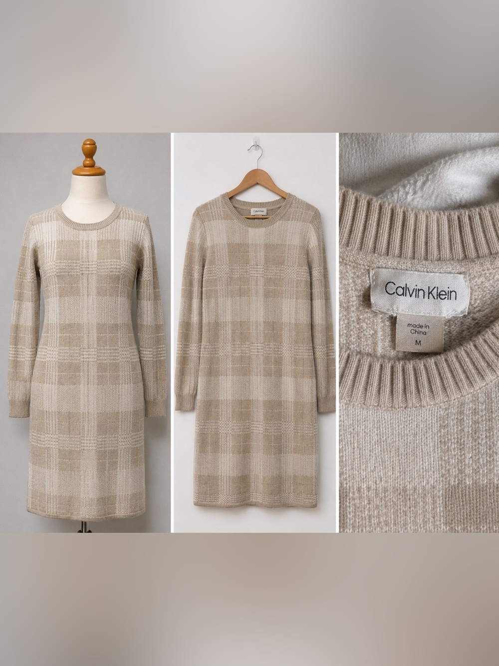 Calvin Klein Neutral Beige Plaid Knit Dress